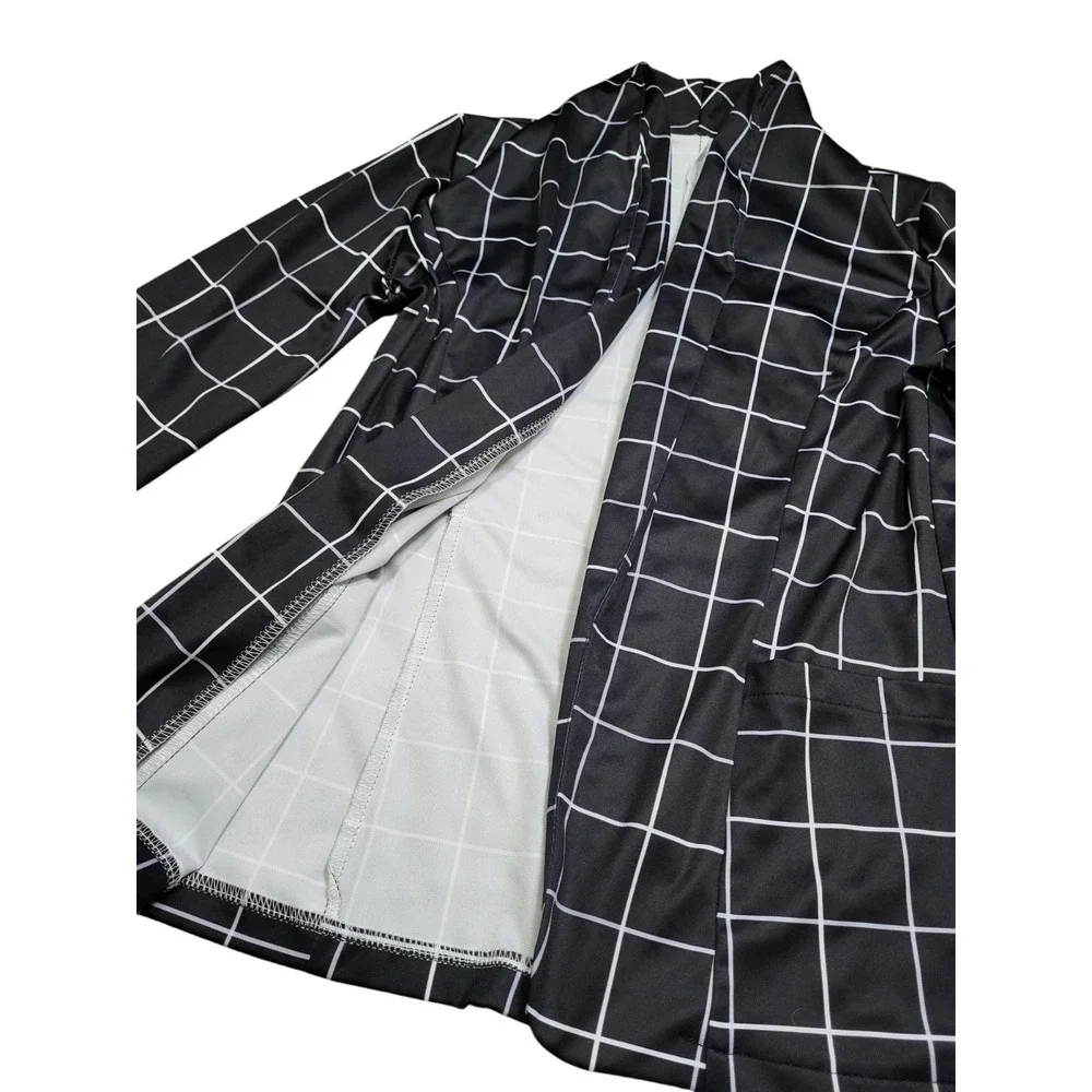 Women's Open Front Blazer Casual Lightweight Plaid Roll Up Sleeve Jacket Shirt